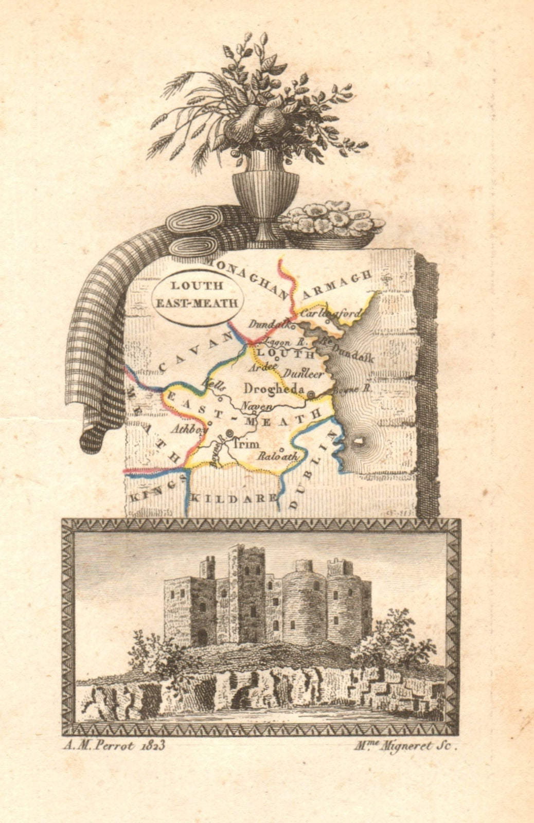 EAST MEATH (MEATH) & LOUTH antique county map by PERROT. Leinster 1824 old